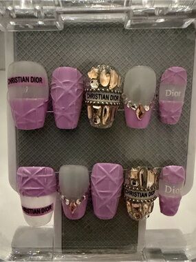 Custom Made Luxury Dior Quilted Press-On Nail Set with Gold Charms NIB
